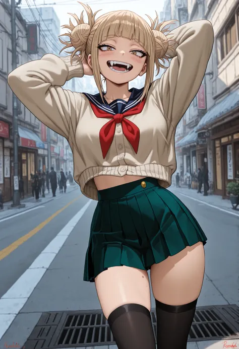 best quality, masterpiece, ultra highres, Toga Himiko | My Hero Academia, premium anime art style, provocative pose with hands behind head, standing confidently on street ventilation grate, strong updraft completely lifting uniform skirt revealing detailed...