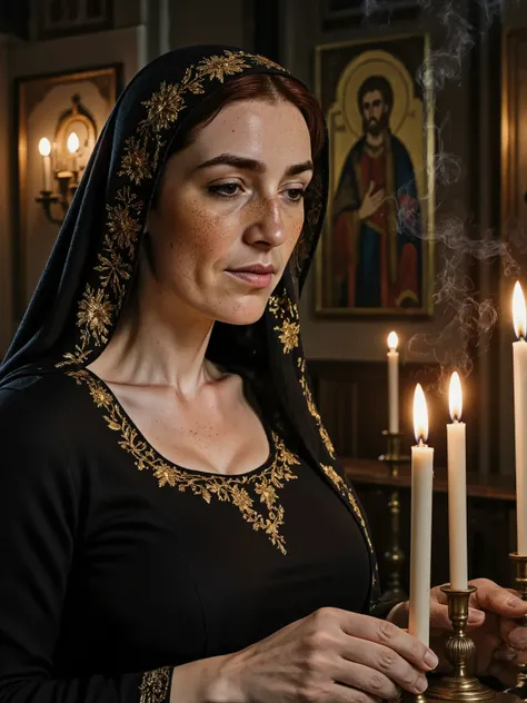 Margaret is lighting a thin beeswax candle in a Greek orthodox church, she's wearing a black dress and a black head scarf with some golden embroidery. In the background a dark church with candles, icons and incense