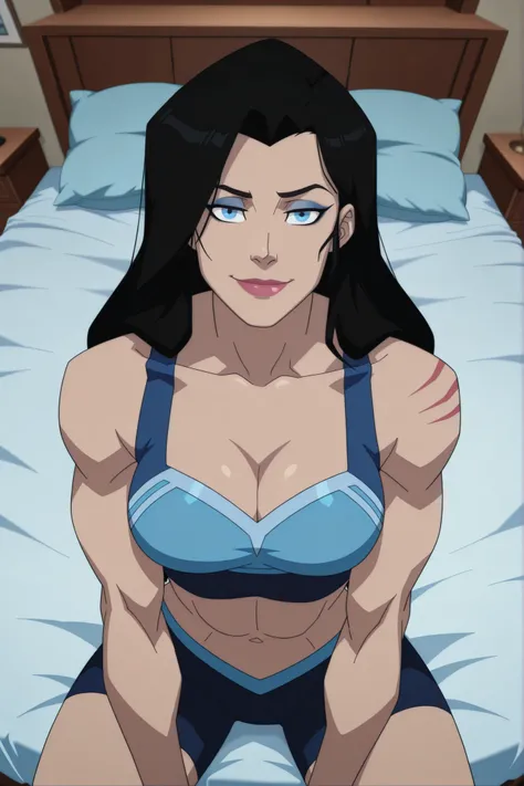 BREAK, score_6_up, score_7_up, score_8_up, score_9, 1girl, solo, long hair, blue eyes, black hair, bare shoulders, blue eyes, muscular female, midriff, bare shoulders, lipstick, makeup, wwBl00d, large breasts, busty, cleavage, curvy, athletic, looking at v...