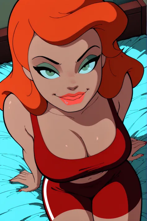 BREAK, score_6_up, score_7_up, score_8_up, score_9, Pamela Isley, 1girl, solo, orange hair, green eyes, lipstick, makeup, large breasts, cleavage, curvy, athletic, busty, masterpiece, best quality, newest, absurdres, ultra highres, amazing quality, very ae...