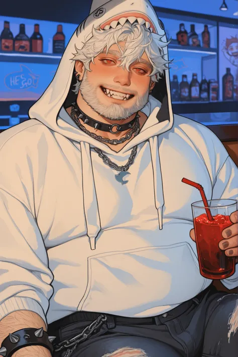 semi-realistic midjorney chibi art style of a chubby young man, chibi Hes got pale white bleached emo messy bangs that cover his eyes, long white messy bangs, Hes got a chubby soft and round cherubic face with pale skin. Hes got sharp teeth grin. He has a ...