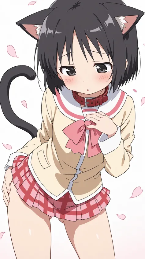((from above)),((fidgeting)),((face focus)),nsfw,((anime syale)),score_9, score_8_up, score_7_up, source_anime,shinonome nano,yasuna oribe,short hair, (black eyes),half-closed eyes,(black hair),black Cat ears,black Cat tail,((red leather collar)),(white ba...