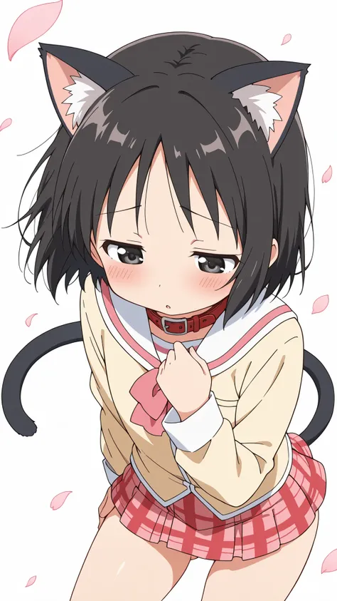 ((from above)),((fidgeting)),((face focus)),nsfw,((anime syale)),score_9, score_8_up, score_7_up, source_anime,shinonome nano,yasuna oribe,short hair, (black eyes),half-closed eyes,(black hair),black Cat ears,black Cat tail,((red leather collar)),(white ba...