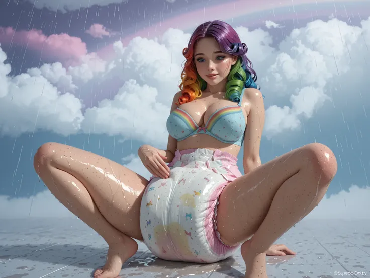 thiccdiaper,superdotty, diaper,A dreamlike image of a woman straddling a solid rainbow of vibrant colors, her legs dangling to one side, with only clouds below. She has large, intense blue eyes, porcelain skin, and full lips. She wears a colorful bra that ...