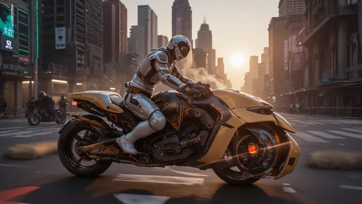 Sci-fi coffee courier piloting a sleek hover-bike through a neon-drenched cyberpunk cityscape at dawn, specialized temperature-controlled cargo pod containing a single artisanal coffee cup glowing with soft amber light, courier wearing streamlined exo-suit...