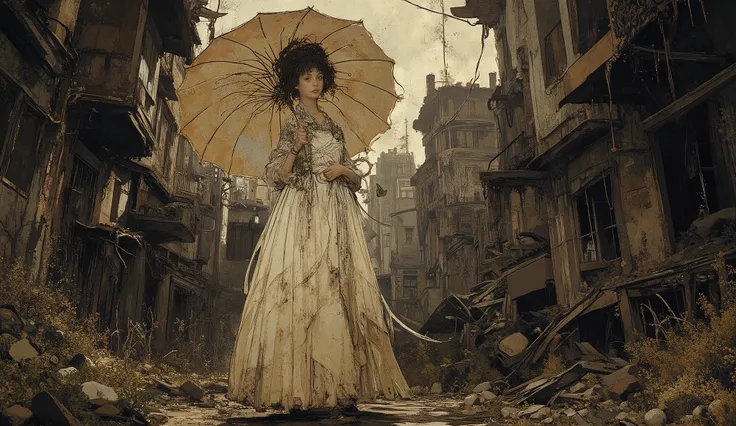 Lady with a Weed-Covered Parasol,elegance,nobres,vestido longo,Jovem mulher bonita,alta qualidade,illustration,   escuro,Mal-humorado,cinematic,dramatic lighting,duro,Difficult,distopia,Abandoned buildings,Coberto de Ervas Daninhas,teia de aranha,cidade de...