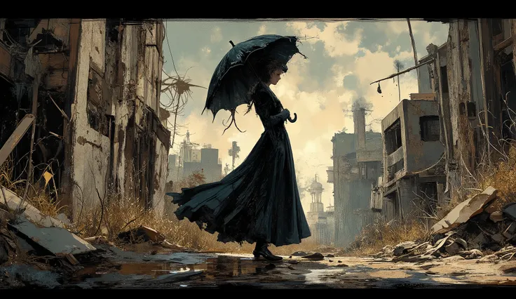 Lady with a Weed-Covered Parasol,elegance,nobres,vestido longo,Jovem mulher bonita,alta qualidade,illustration,   escuro,Mal-humorado,cinematic,dramatic lighting,duro,Difficult,distopia,Abandoned buildings,overgrown with weeds,teia de aranha,cidade deserta...