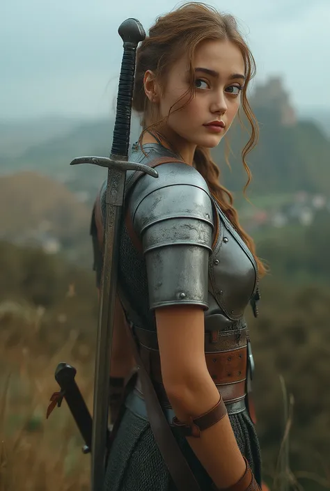 hyperrealistic photo : Ella Purnell, (masterpiece), (Better quality), (photorealistic: 1,5), 8k, detailed skin texture, beautiful detailed young face, complex parts, ((Sexy slender medieval Lara Croft as a witcher)), beautiful, hot, sporty, against the bac...