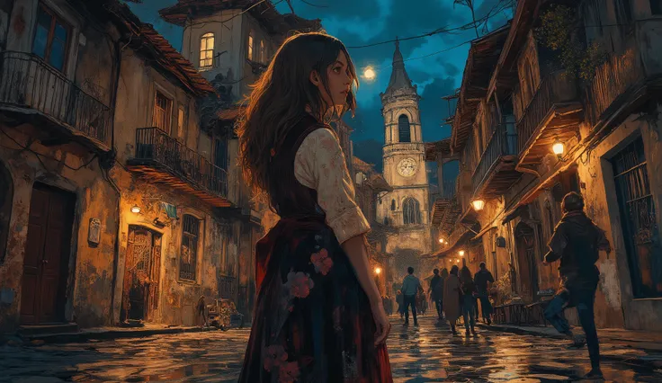 Senhora ,elegance,nobres,vestido ,Jovem mulher bonita,alta qualidade,illustration,   cotidiano, ,cinematic,dramatic lighting,Serious, misterioso, casas antigas, ruas de pedra, old streetlights, igreja ao fundo, primavera, ,sombras complexas,Tom Claro,tom f...
