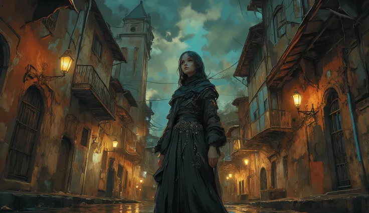 Senhora ,elegance,nobres,vestido ,Jovem mulher bonita,alta qualidade,illustration,   cotidiano, ,cinematic,dramatic lighting,Serious, misterioso, casas antigas, ruas de pedra, old streetlights, igreja ao fundo, primavera, ,sombras complexas,Tom Claro,tom f...