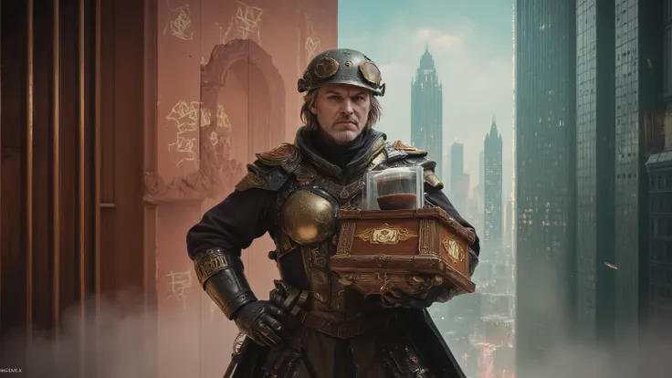 Mixed fantasy-sci-fi courier standing at the threshold between worlds—one foot in high-tech metropolis, one in magical realm—holding an ornate container crafted from both ancient wood and advanced alloys, inside which floats a perfectly preserved cup of co...