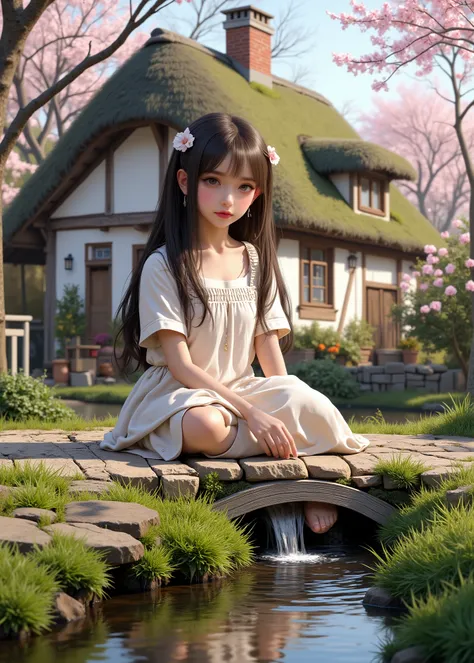 A cute little girl is sitting in front of the house、（The background is a cute thatched house、White Walled Houses、Moss is growing on the roof、I can see light through the window、white smoke is coming out of the chimney）、Spring Flowers、evening、The stream flow...