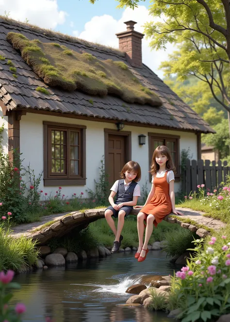 A cute boy and a girl are sitting in front of the house、（The background is a cute thatched house、White Walled Houses、Moss is growing on the roof、I can see light through the window、white smoke is coming out of the chimney）、Spring Flowers、evening、The stream ...