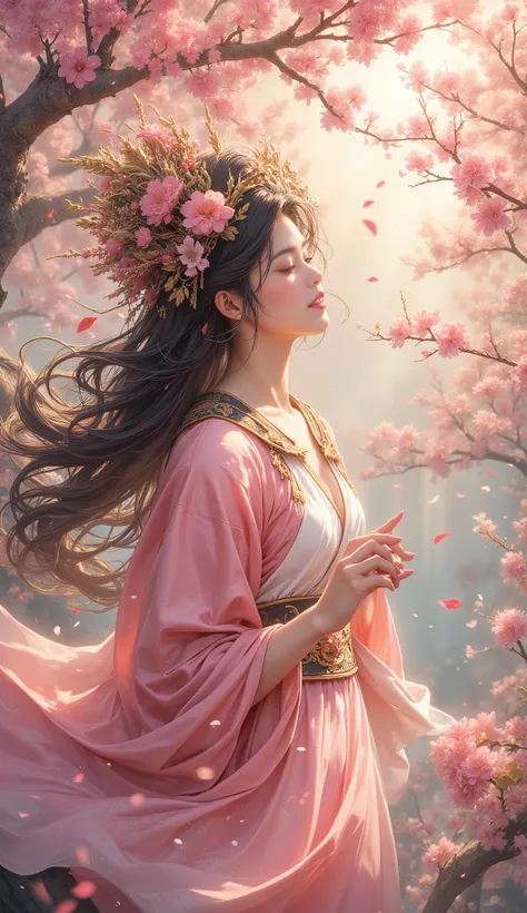  The beautiful cherry blossom goddess admires the cherry blossoms in the spring garden , smile,  She looks up at the rising sun with joy ,  Petals fall on her face ,  She is surrounded by cherry blossom branches ,  A whirlwind of fluttering petals , A deli...