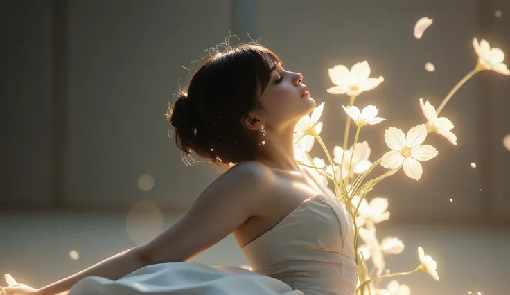 surreal cinematic portrait of a woman in a sculptural pose, your body gracefully leaning back as if frozen in time, She wears a flowing dress, branco, her soft skin illuminated by diffused and dark light, } luminous flowers bloom from your back emitting a ...