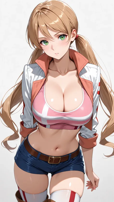((masterpiece,best quality,ultra detailed,high resolution)),cowboy shot,solo,Lafter Frankland,lftrfld, low twintails, light brown hair, long hair, green eyes, large breasts,pink crop top, (cleavage), white jacket, cropped jacket, two-sided jacket, midriff,...