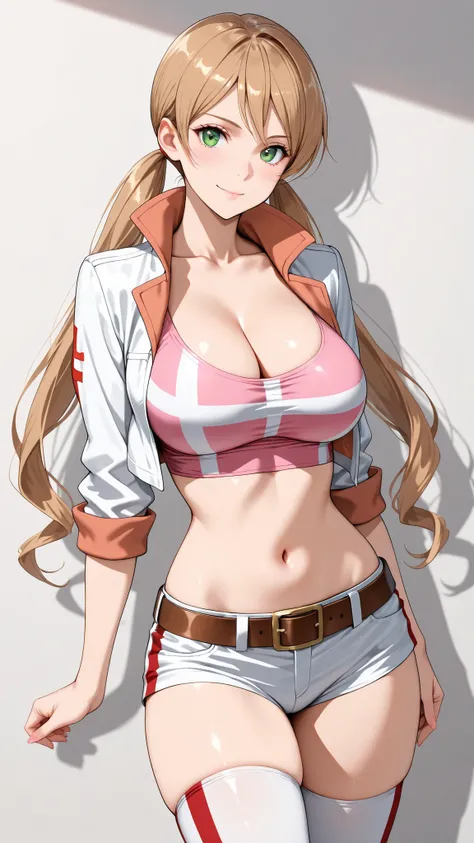 ((masterpiece,best quality,ultra detailed,high resolution)),cowboy shot,solo,Lafter Frankland,lftrfld, low twintails, light brown hair, long hair, green eyes, large breasts,pink crop top, (cleavage), white jacket, cropped jacket, two-sided jacket, midriff,...