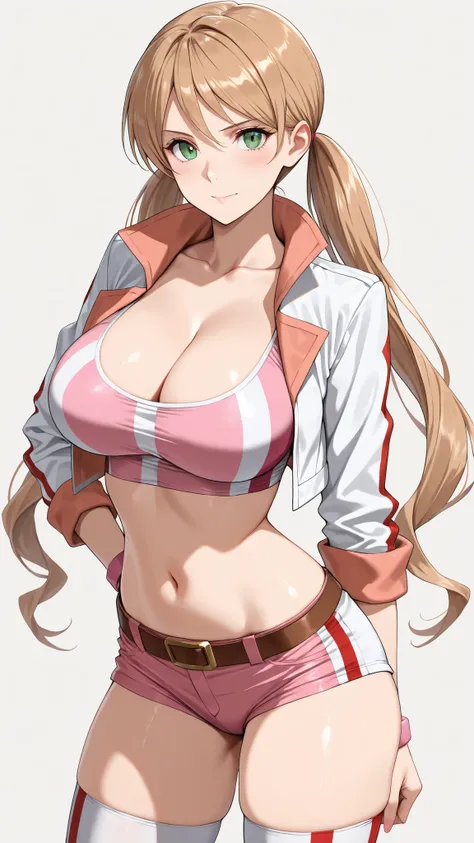 ((masterpiece,best quality,ultra detailed,high resolution)),cowboy shot,solo,Lafter Frankland,lftrfld, low twintails, light brown hair, long hair, green eyes, large breasts,pink crop top, (cleavage), white jacket, cropped jacket, two-sided jacket, midriff,...