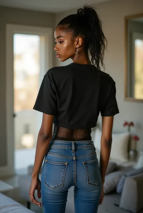 photoreal rear view portrait of a young Black model with commanding presence, slender petite physique, wearing skin-tight blue denim jeans that perfectly contour her sculpted glutes and thighs, paired with a cropped black t-shirt layered over a coarse fish...