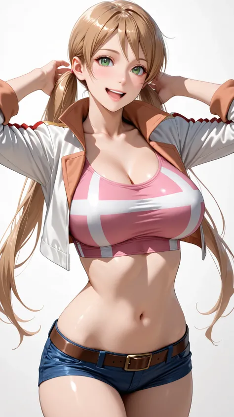 ((masterpiece,best quality,ultra detailed,high resolution)),(realistic:0.9),18 years old,cowboy shot,solo,Lafter Frankland,lftrfld, low twintails, light brown hair, long hair, green eyes, large breasts,pink crop top, white jacket, cropped jacket, two-sided...
