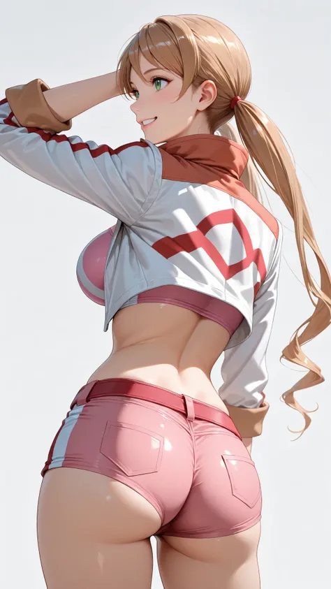((masterpiece,best quality,ultra detailed,high resolution)),(realistic:0.9),18 years old,cowboy shot,solo,Lafter Frankland,lftrfld, low twintails, light brown hair, long hair, green eyes, large breasts,pink crop top, white jacket, cropped jacket, two-sided...