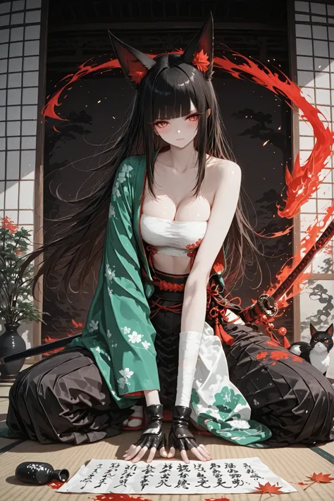 masterpiece , best quality, high quality, anime style , detailed illustration , vivid colors , detailed background , full body view , onmyoji, 1girl, sitting_pose , kneeling , fox_ears , striking red_eyes , long_black_hair, dark fur on ears , messy hair ,...
