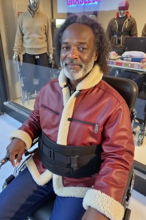 a 37 year old black man weighing 158 pounds, long curly hair, pink hair, wearing a brnfurlthrjktrev red aged leather jacket with grime stains with a off white fur collar and lining, the jacket has polished black pockets and strip across shoulders, the man ...