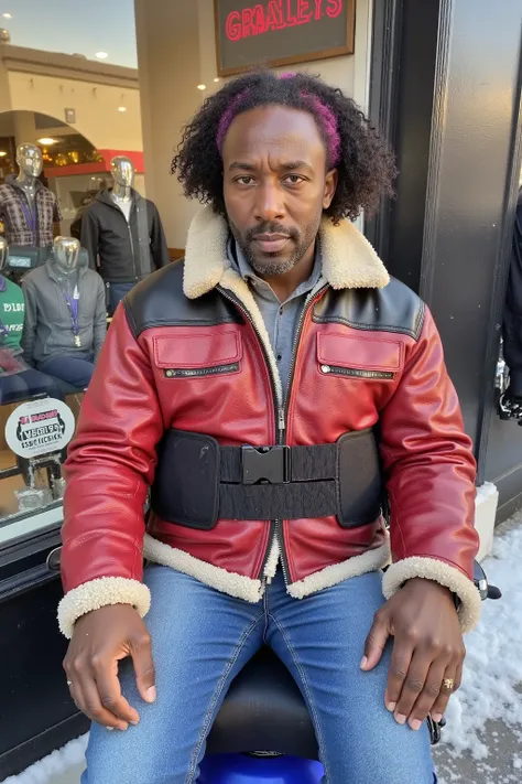 a 37 year old black man weighing 158 pounds, long curly hair, pink hair, wearing a brnfurlthrjktrev red aged leather jacket with grime stains with a off white fur collar and lining, the jacket has polished black pockets and strip across shoulders, the man ...
