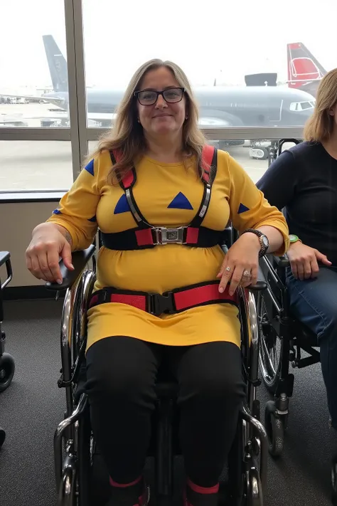 A 62 year old woman is photographed inside of an airport near the gate windows, a large aircraft visible outside of the airport, the woman is obese weighing 400 pounds and has heavy arms and belly, the woman wears a yellow leather dress with blue triangula...