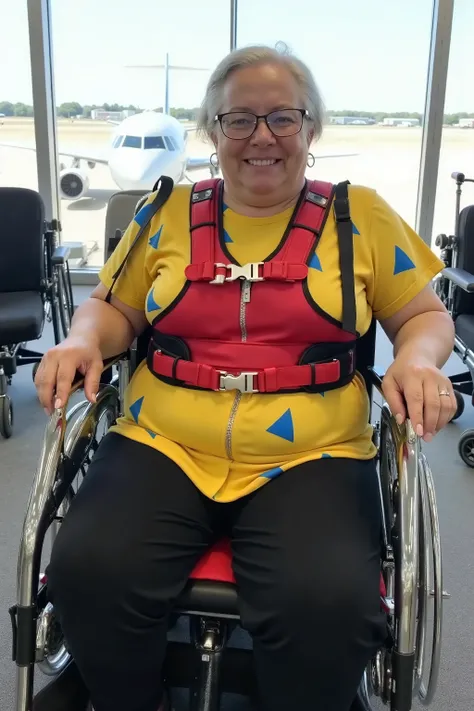 A 62 year old woman is photographed inside of an airport near the gate windows, a large aircraft visible outside of the airport, the woman is obese weighing 400 pounds and has heavy arms and belly, the woman wears a yellow leather dress with blue triangula...