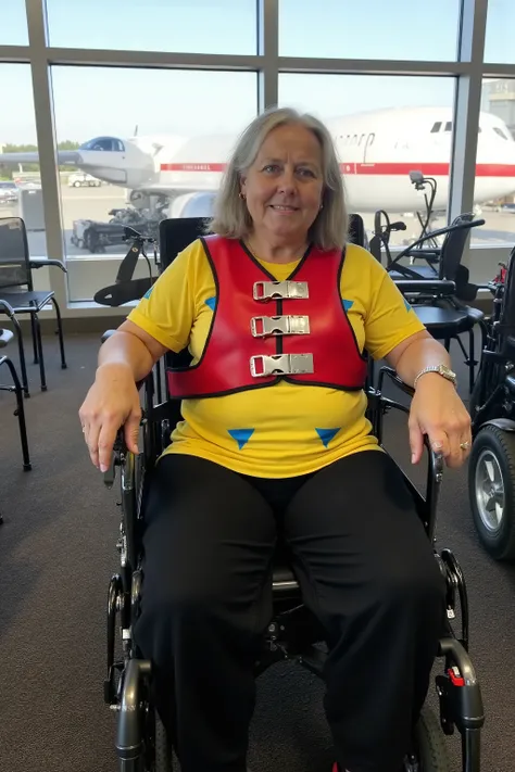 A 62 year old woman is photographed inside of an airport near the gate windows, a large aircraft visible outside of the airport, the woman is obese weighing 400 pounds and has heavy arms and belly, the woman wears a yellow leather dress with blue triangula...