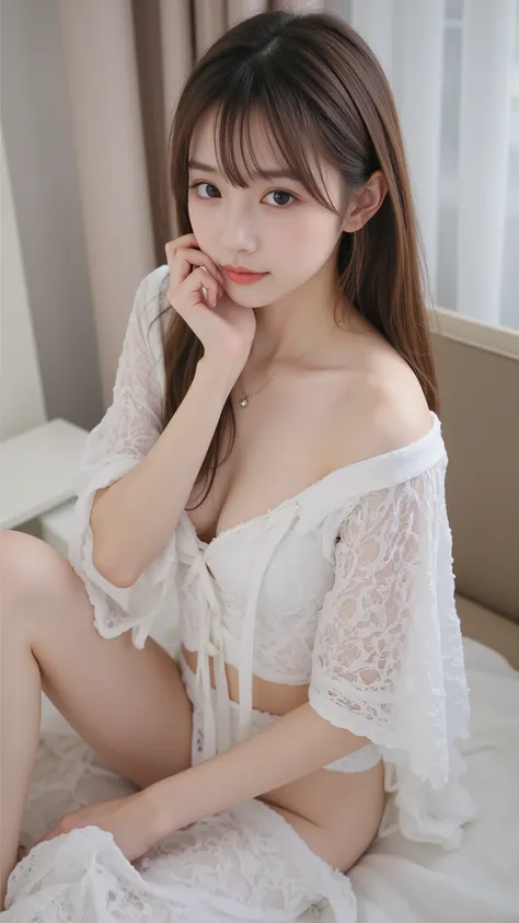 14 years old、beautiful girl with a smirking face。japanese、Small Faces、Young face、slender figure that cries tears、165 cm height.、Weight 40kg、 ((Bust Size 60cm、focus on boob)), Cup size AA、((デビュー前のアイドル))