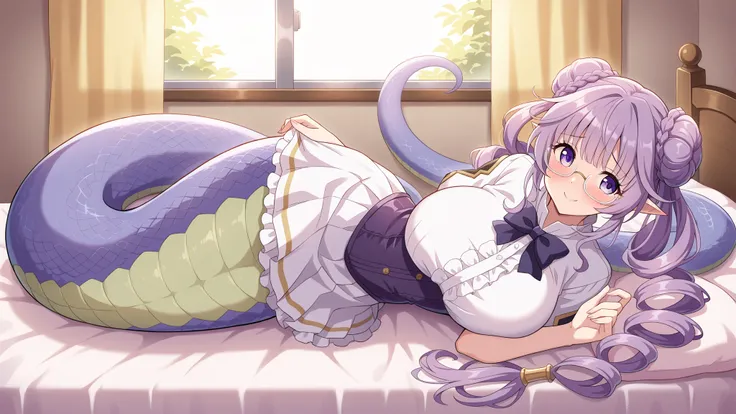 ( masterpiece), ( Best Quality),(all five fingers ), A Girl,alone,absurd,cute,selettrice vaAlMonica ,purple eyes,big boobs,Japanese school uniform,miniskirt,white frame glasses,purple hair,lamia,Snake Woman,The lower half of the body is a purple snake tai...