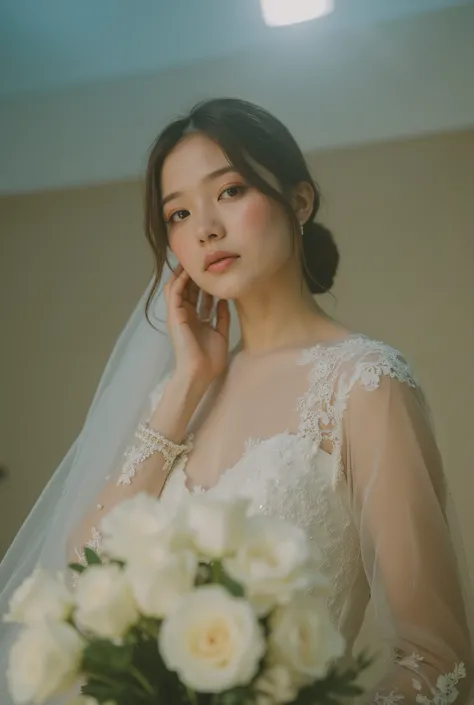 {
  "image_reference": "my photo",
  "description": "A realistic and elegant editorial-style image of an imposing bride.",
  "subject": {
    "type": "Bride",
    "pose": {
      "orientation": "Profile, partially turned back",
      "gaze": "Striking gaze...