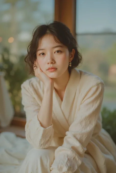 a cozy portrait of a Japanese woman sitting near a fireplace in a wooden cabin, soft firelight on her face, DSLR 85mm lens, shallow depth of field, RAW photo, ultra-realistic, detailed lighting, warm skin tones --ar 3:4 --style raw --stylize 200