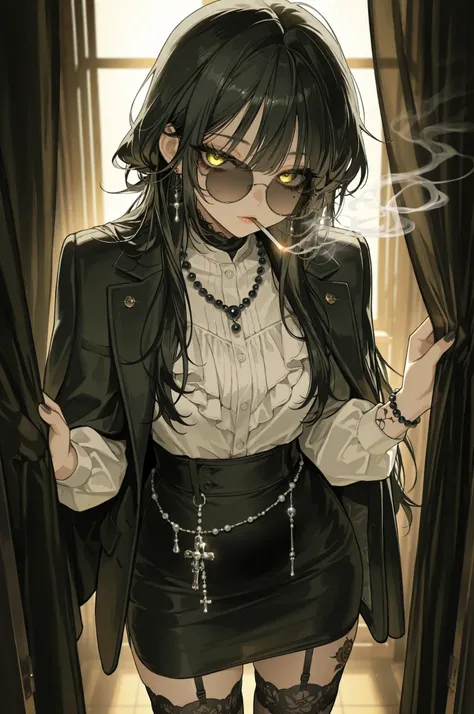 (Masterpiece: 1.2), (Top Quality), (Highly Detailed CG, Super Detailed), (Highly Detailed and Beautiful: 1.1), (Perfectly Detail: 1.1), 1 girl, solo, long eyelashes, dark circles under the eyes, lip gloss, black hair, long hair, black tight skirt, (white b...