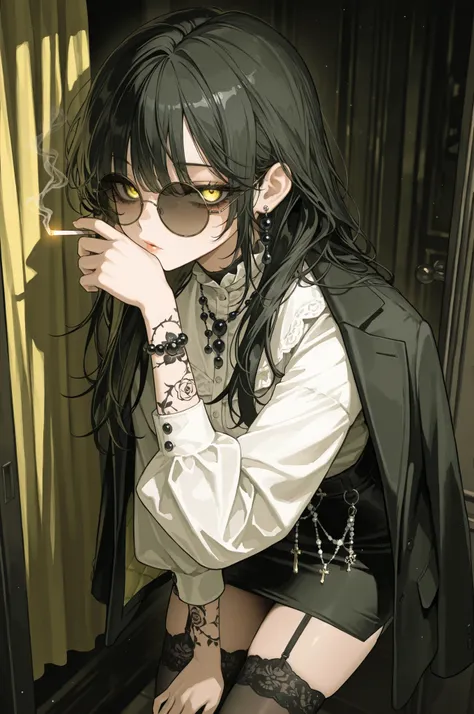 (Masterpiece: 1.2), (Top Quality), (Highly Detailed CG, Super Detailed), (Highly Detailed and Beautiful: 1.1), (Perfectly Detail: 1.1), 1 girl, solo, long eyelashes, dark circles under the eyes, lip gloss, black hair, long hair, black tight skirt, (white b...