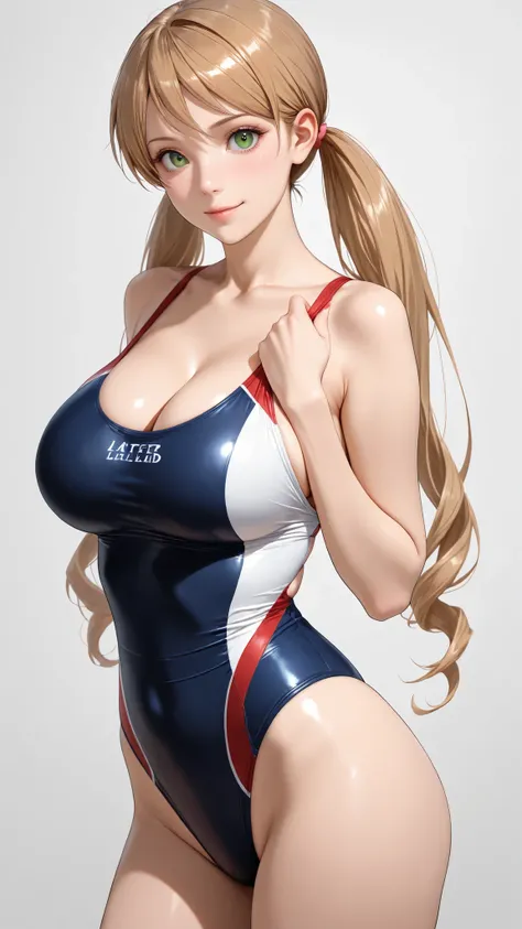 ((masterpiece,best quality,ultra detailed,ultra high resolution)),cowboy shot,(realistic:0.9),Lafter Frankland,lftrfld, low twintails, light brown hair, long hair, green big eyes, large breasts,cleavage,navy swimsuit,competition swimsuit,piace sign,