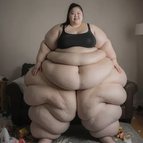 A highly detailed photorealistic photo of the absolute most insanely extremely fat, gigantically oversized woman conceivable standing in a full body shot. Her body an overwhelming mass of blubber that defies human limits with extraordinarily high body fat ...