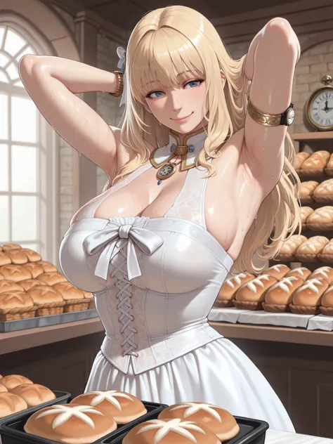 (masterpiece,top quality,Watch viewers),Salesgirl,Smile,Armpit,Pura,16 international,Blonde,blue eyes,semi-long,Soft Touch,Delicate Body Curves,Realistic Human Body,white sheer roman dress,sweat,Bakery,Bakeryの孫娘,