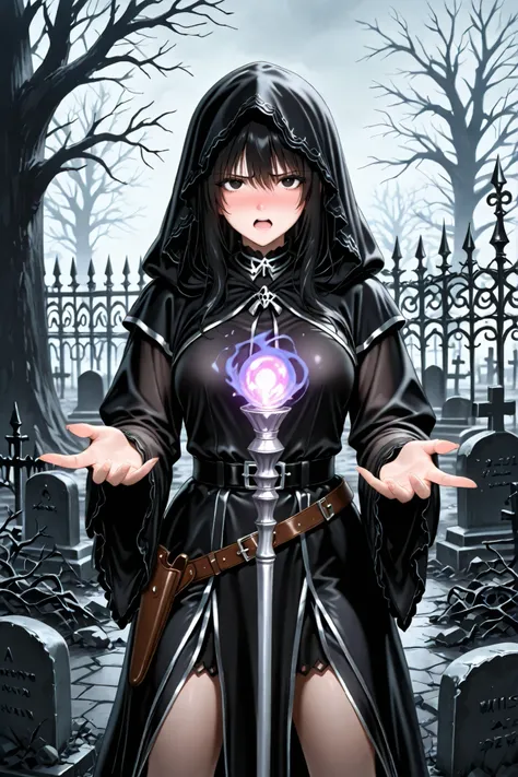 1girl, 

(background: Midnight Old Western Graveyard, Misty Atmosphere, Broken Tombstone, dead tree, Wrought Iron Fence, Full Dark Fantasy, Gothic Horror,  Eerie Silence , Unforgettable Atmosphere, A ghostly shadow), 
((palms facing directly at the viewer:...