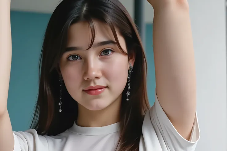 A beautiful white girl, 20-year-old Jennifer Connelly , cute face, Light-colored eyes, dark hair, sweet smile、