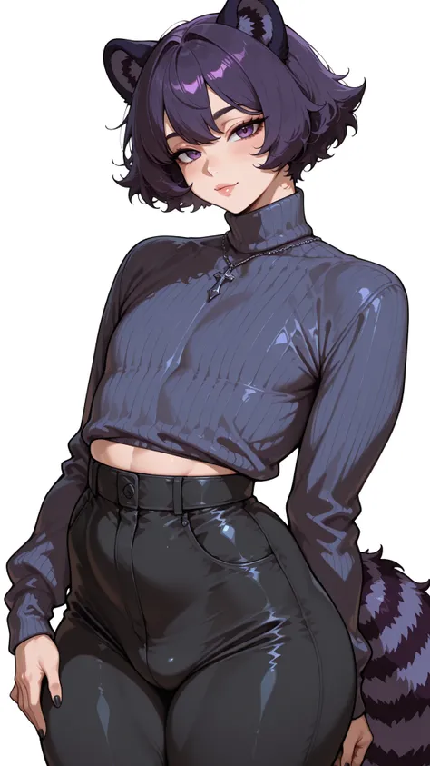 1man, femboy, feminine, slutty, short fluffy hair, dark purple hair, dark purple eyes, dark purple raccoon ears, flirtatious, detailed eyes, small head, flat chest, dark purple raccoon tail, mischievous, seductive, alternative fashion style, baggy black tu...