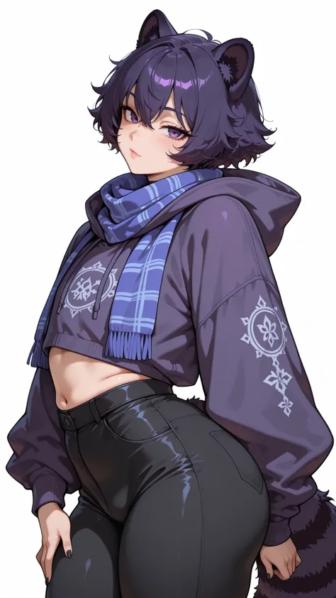 1man, femboy, feminine, short fluffy hair, dark purple hair, dark purple eyes, dark purple raccoon ears, detailed eyes, small head, flat chest, dark purple raccoon tail, mischievous, seductive, alternative fashion style, oversized dark purple hoodie, looki...