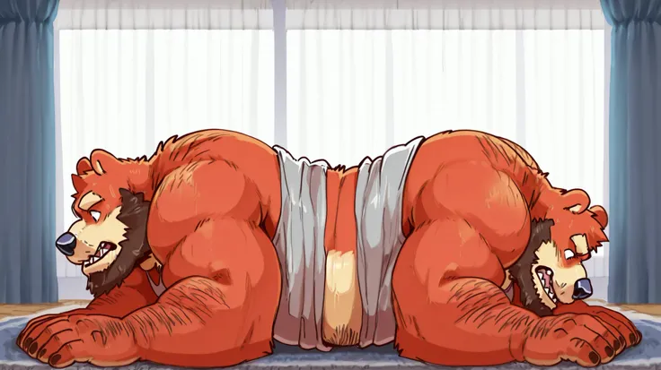 (hairy old nerdy bear and jock shiba conjoined), ((queeconj)), long torso, trying to separate, shirt, walking on hands, bedroom, black eyes, beard, eyes, adult, side view, male, crawling, bear shocked, (thick body, correct hands), (best quality, detailed, ...