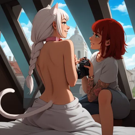 Score_10, masterpiece, clean lines, line art, sharp contrast, ((looking at each other, eye contact:1.3)), BREAK (1girl:white hair, cat ears, cat tail, topless, pink collar, smiling, looking at other girl, narrowed eyes, green eyes, smirking), BREAK (1girl:...