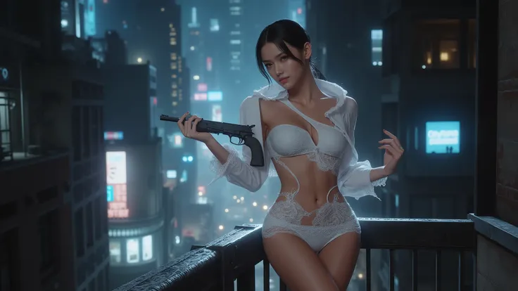 ((photo-realistic)), a sexy large-breast:1.1 Japanese woman, facing camera, cleavage, (((side boob))), hip up, slim face, slim:0.1 body, well-lit face, (((sexy-thigh:1.1, super hot short:0.1 lace transparent dress))), (((aiming with a short:0.1 pistol, bal...