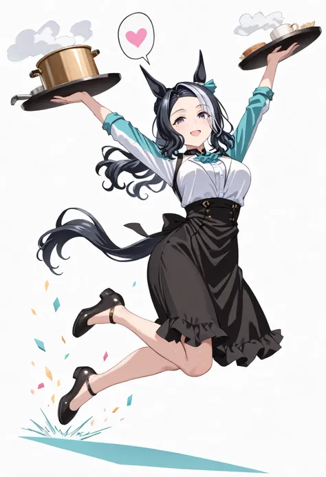 (masterpiece, best quality, perfect face:1.4), wide angle, full body, mejiro ramonu \(umamusume\), black hair, white hair, multicolored hair, ((long hair)), wavy hair, purple eyes, mole under eye, ear ornament, horse ears, horse tail, tail on the lower bac...