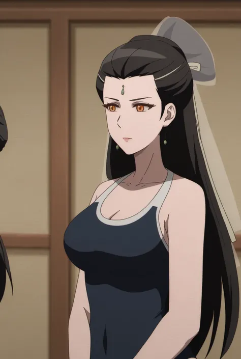 liu ruyan, long hair, black hair, brown eyes, orange eyes, forehead mark, forehead jewel, half-updo, hair pulled back, hair ribbon, mature female, medium breasts, anime screencap,(swimsuit:1.3),