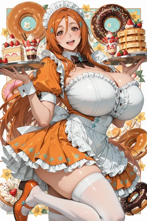 masterpiece, best quality, 1girl, solo, tray, long hair, huge breasts, frills, hair between eyes, standing, fruit, frilled apron, white apron, blush, inoue orihime, holding tray, looking at viewer, food, frilled dress, white thighhighs, wrist cuffs, donut,...
